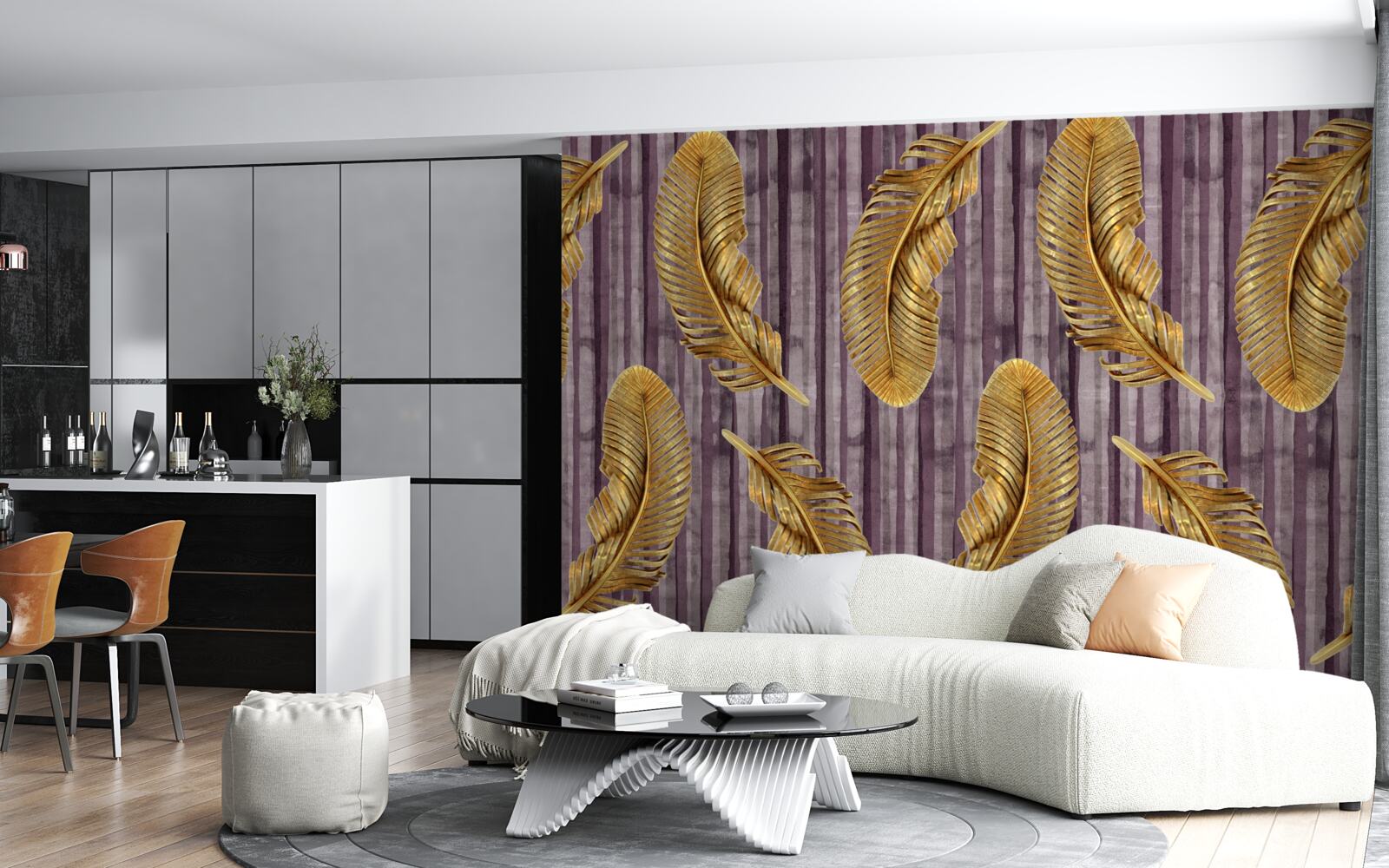 Fototapeta fialový podklad je zdobený zlatými pierkami