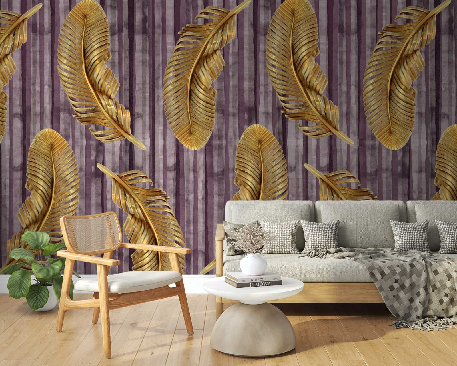 Fototapeta fialový podklad je zdobený zlatými pierkami