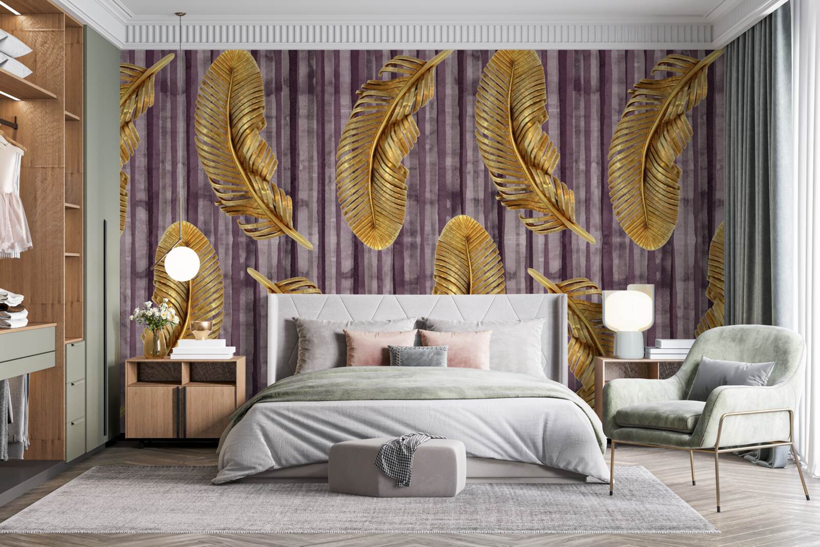 Fototapeta fialový podklad je zdobený zlatými pierkami