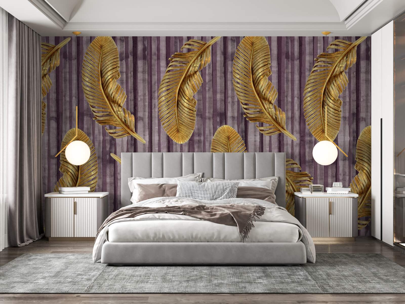 Fototapeta fialový podklad je zdobený zlatými pierkami