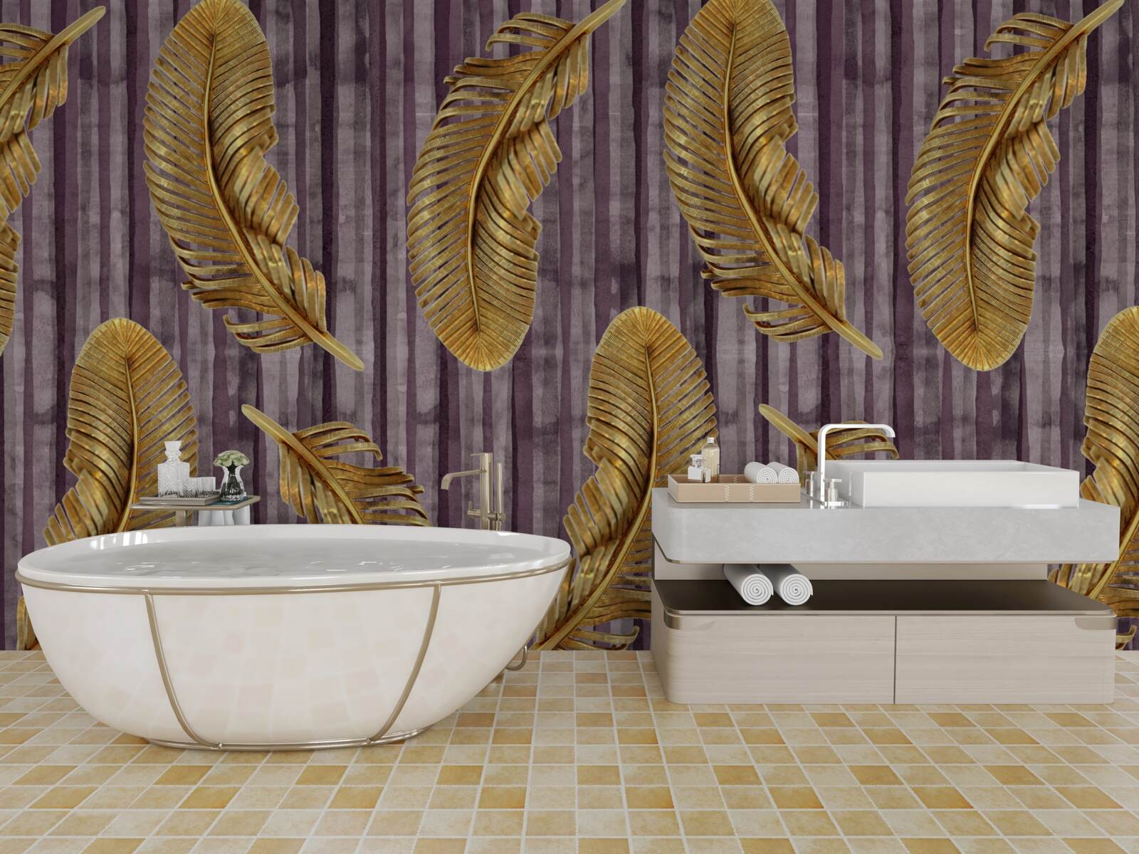 Fototapeta fialový podklad je zdobený zlatými pierkami