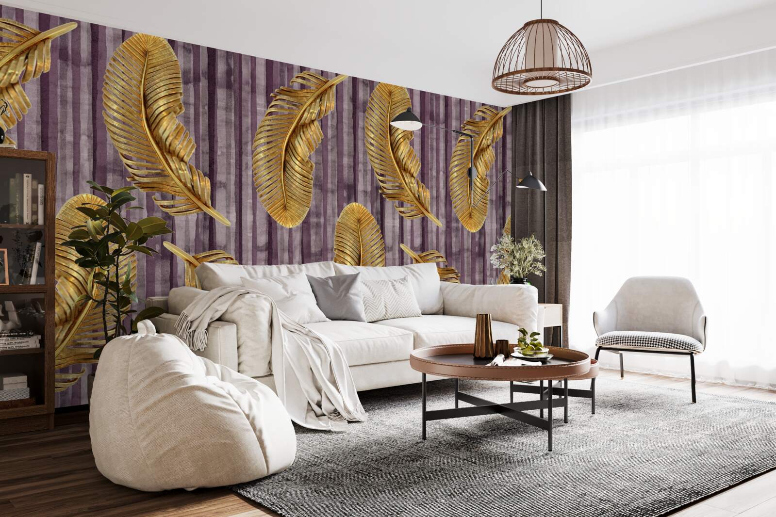 Fototapeta fialový podklad je zdobený zlatými pierkami