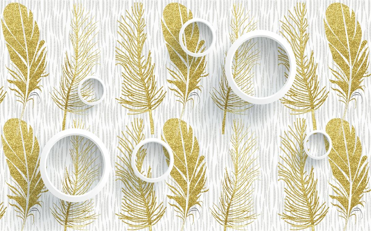 Fototapeta zlaté nadýchané pierka a snehovo biele kruhy