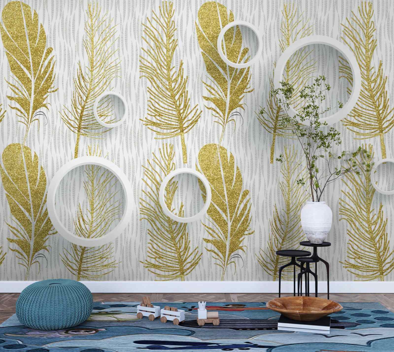 Fototapeta zlaté nadýchané pierka a snehovo biele kruhy