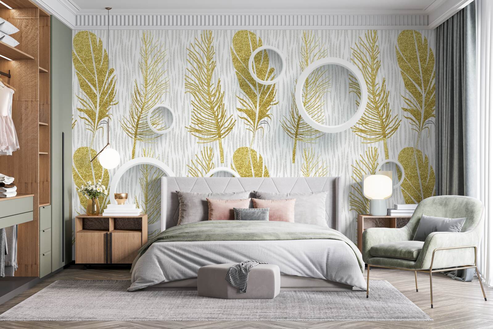 Fototapeta zlaté nadýchané pierka a snehovo biele kruhy