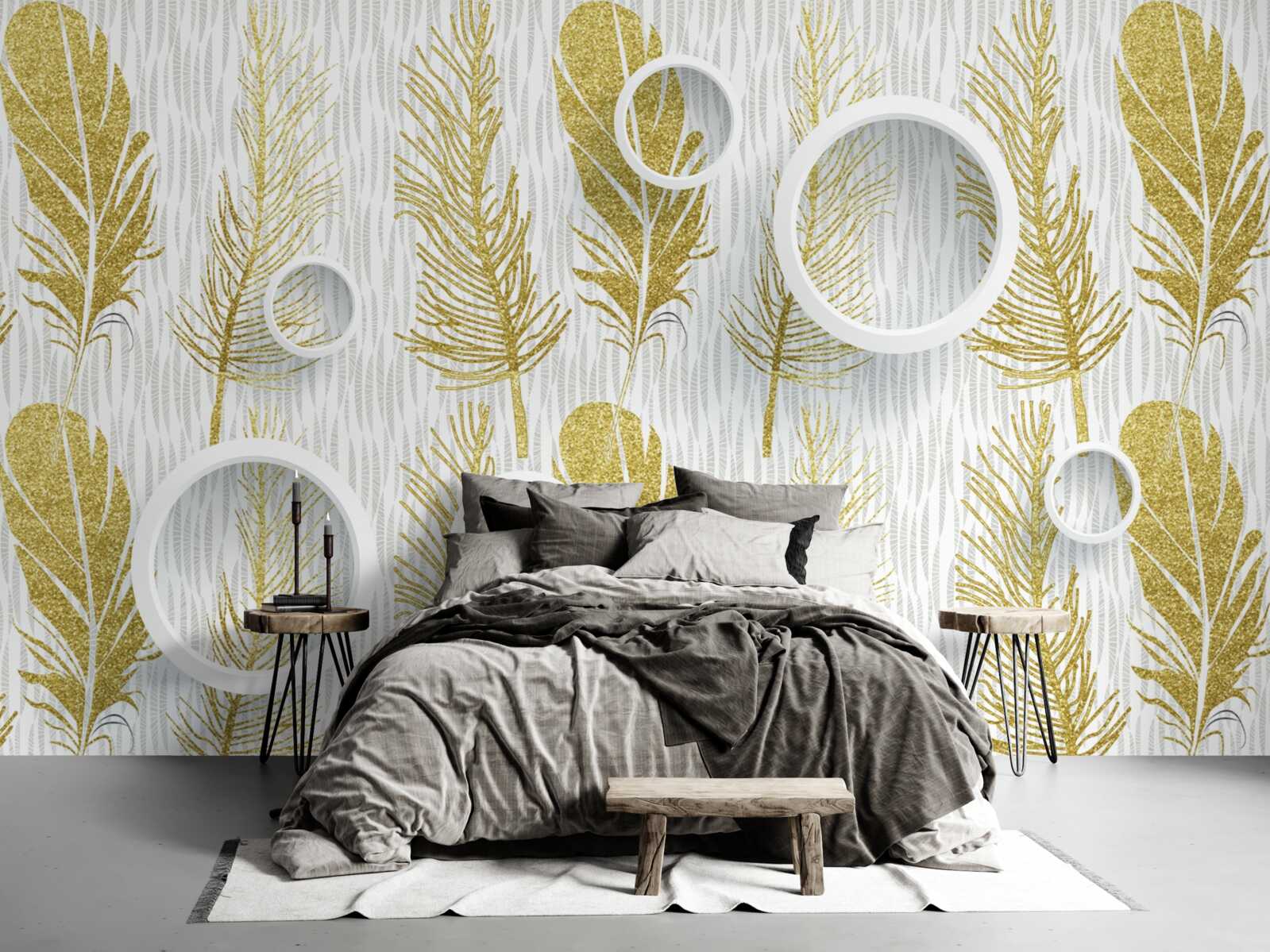 Fototapeta zlaté nadýchané pierka a snehovo biele kruhy