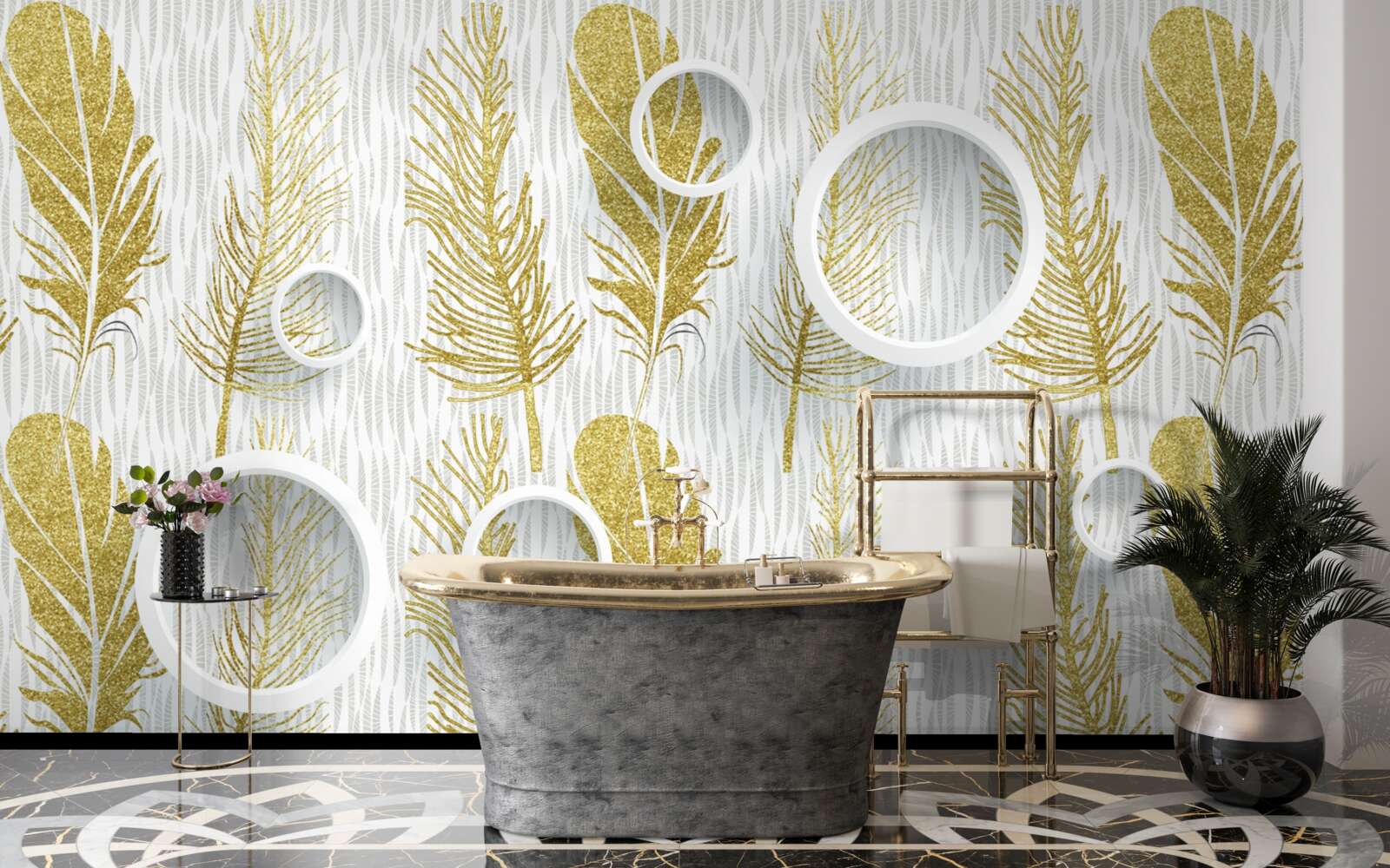 Fototapeta zlaté nadýchané pierka a snehovo biele kruhy