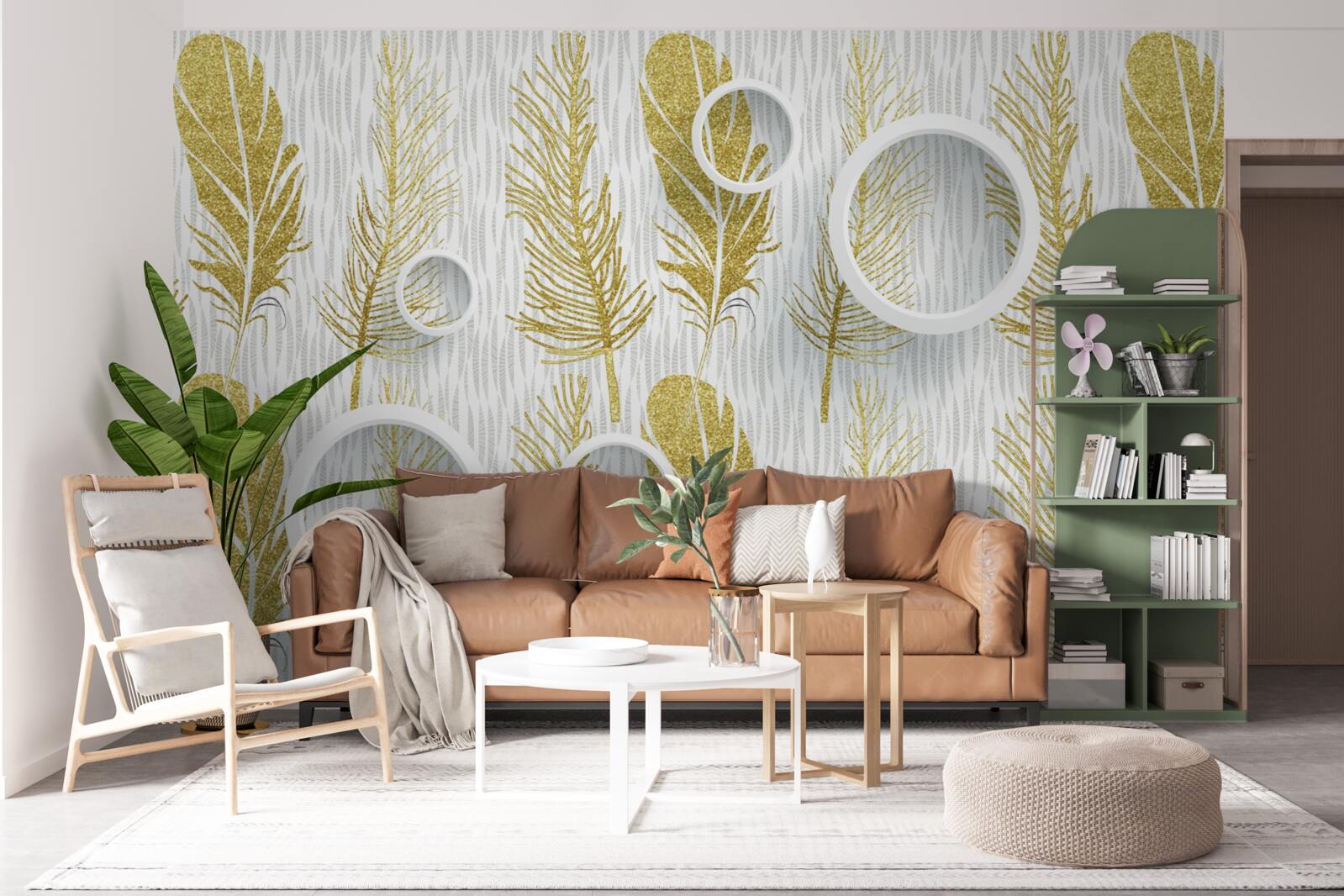 Fototapeta zlaté nadýchané pierka a snehovo biele kruhy