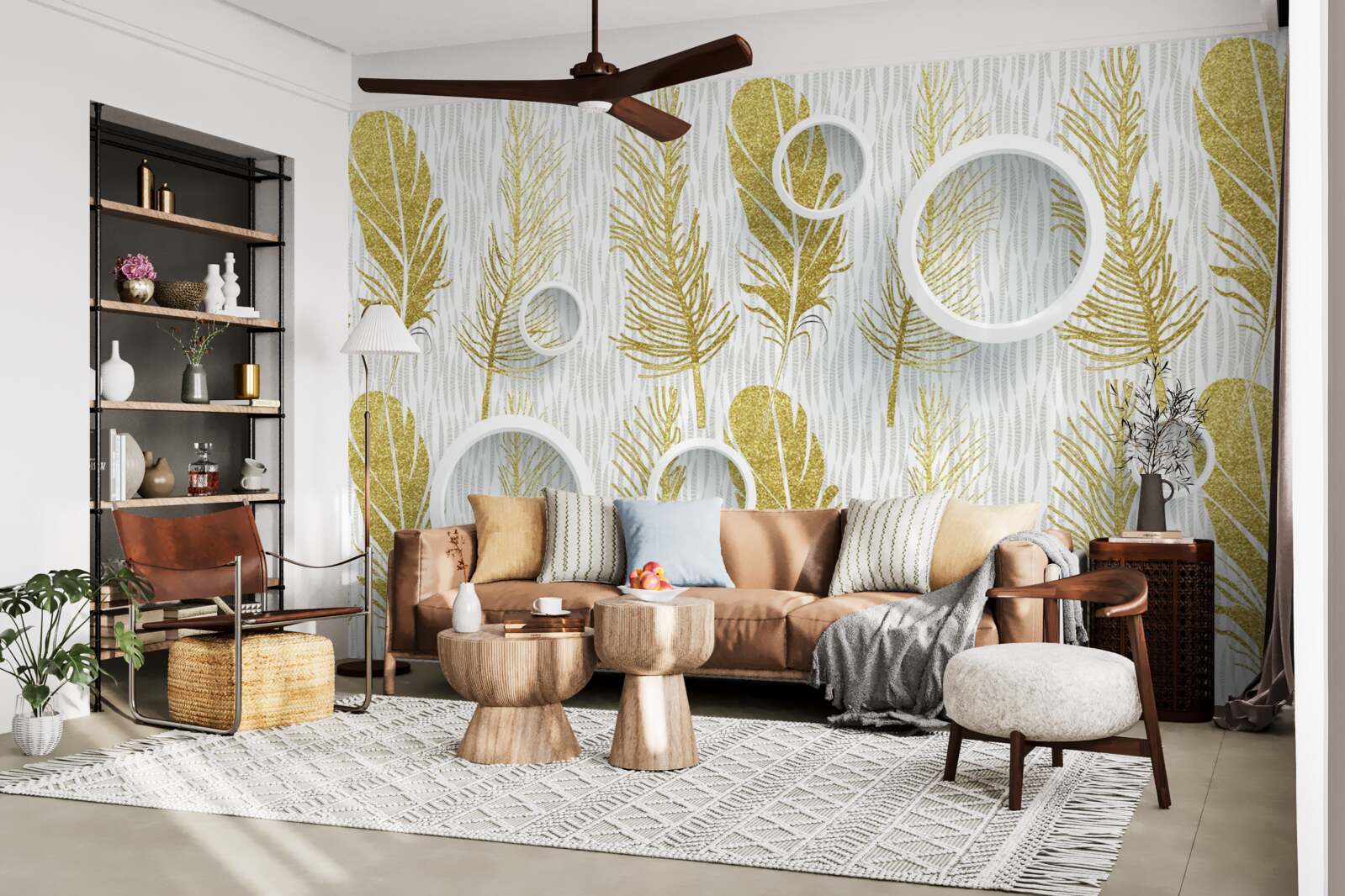 Fototapeta zlaté nadýchané pierka a snehovo biele kruhy