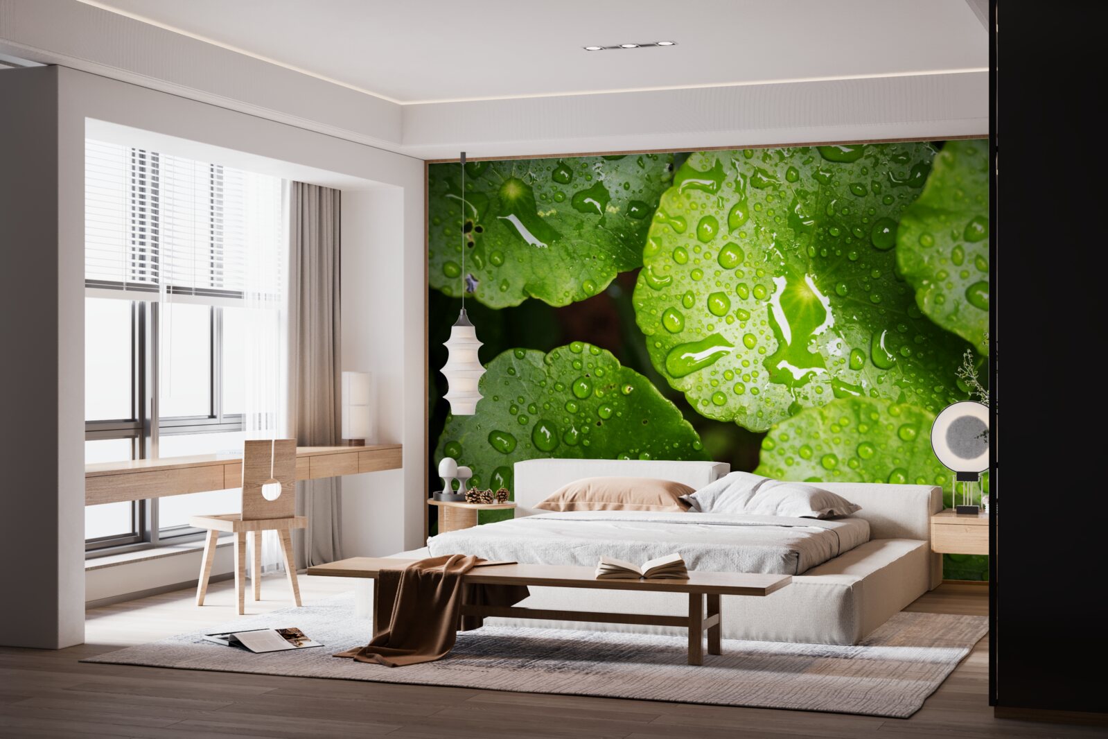 Fototapeta listy umyté kvapkami dažďa nadobudli sýty zelený odtieň