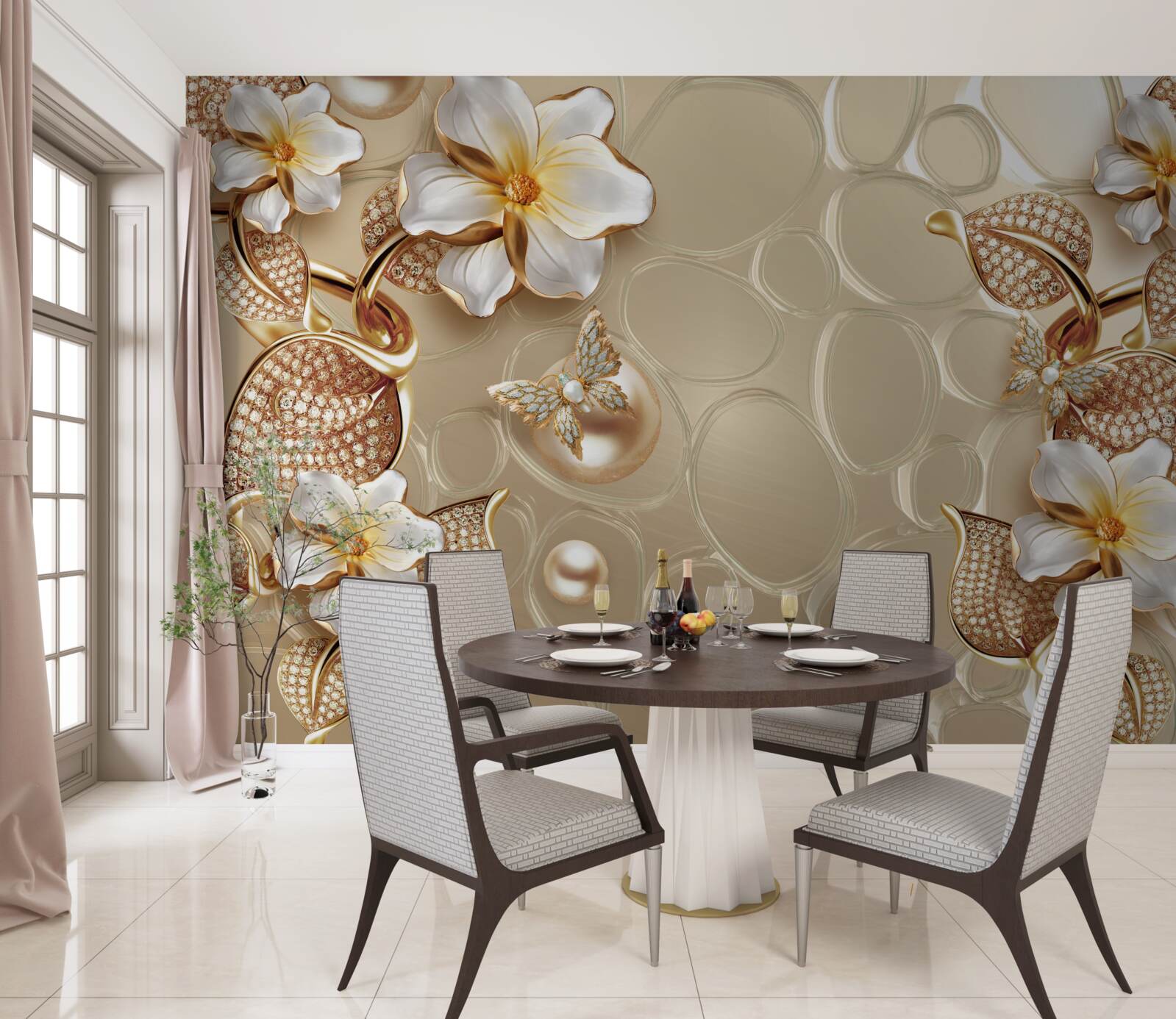 Fototapeta konáre s bielymi kvetmi sa vyvíjajú z perál na hodvábe