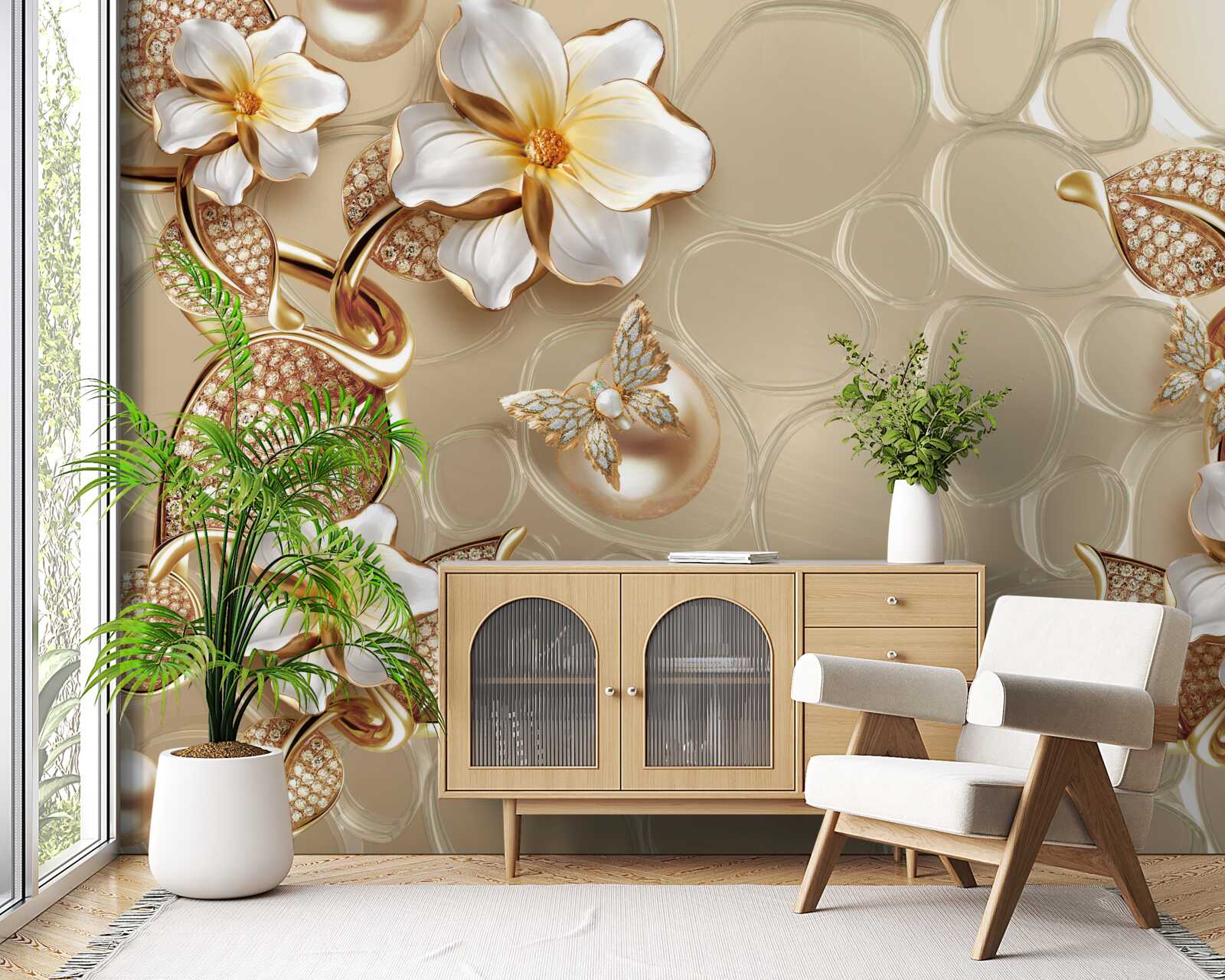 Fototapeta konáre s bielymi kvetmi sa vyvíjajú z perál na hodvábe