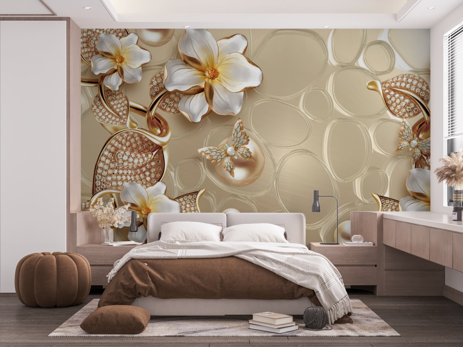 Fototapeta konáre s bielymi kvetmi sa vyvíjajú z perál na hodvábe