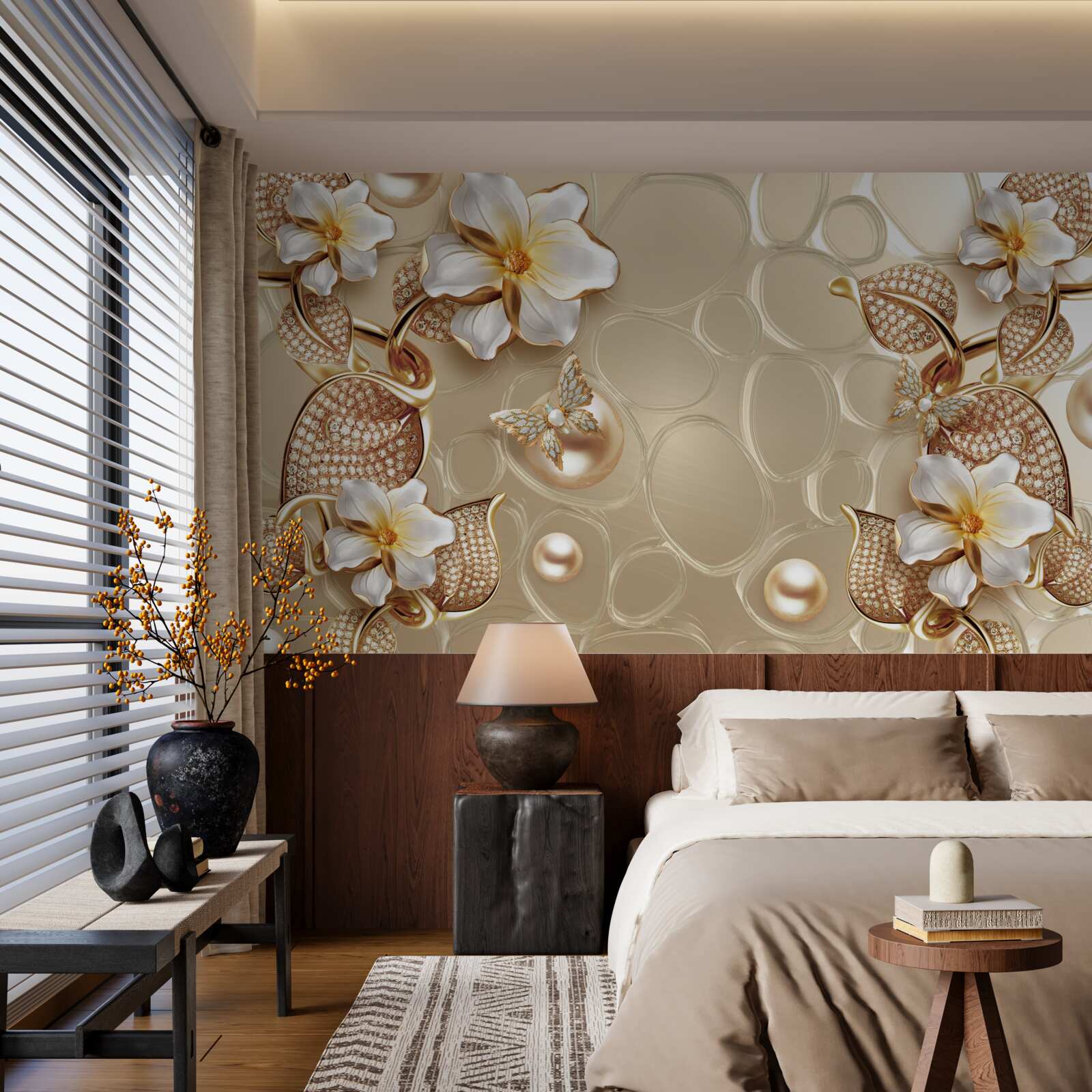 Fototapeta konáre s bielymi kvetmi sa vyvíjajú z perál na hodvábe