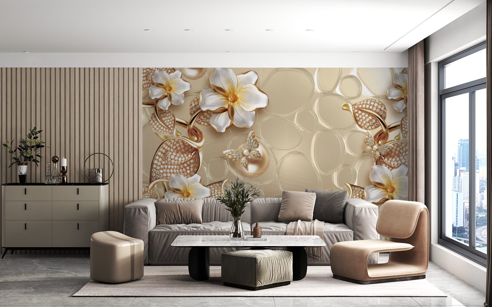 Fototapeta konáre s bielymi kvetmi sa vyvíjajú z perál na hodvábe