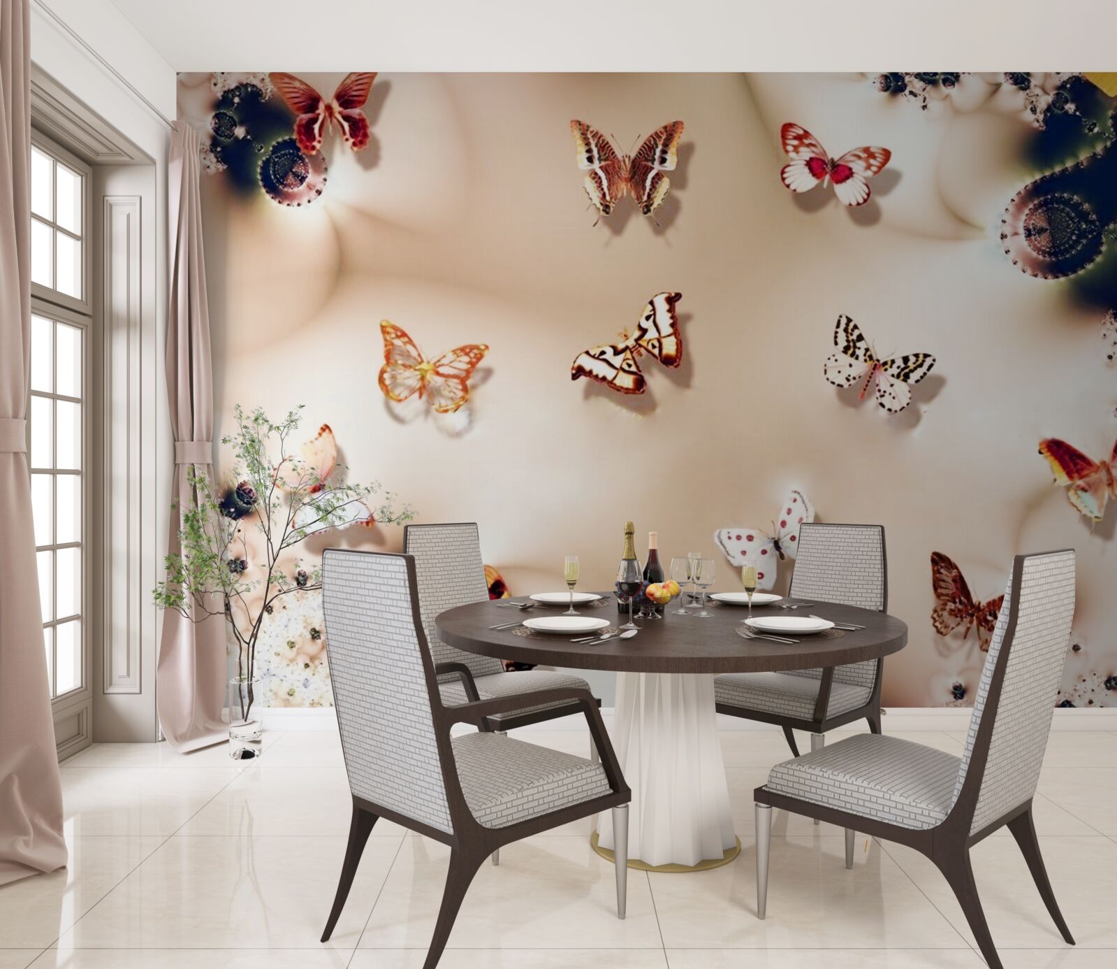 Fototapeta motýle rôznych farieb na ružovom hodvábe