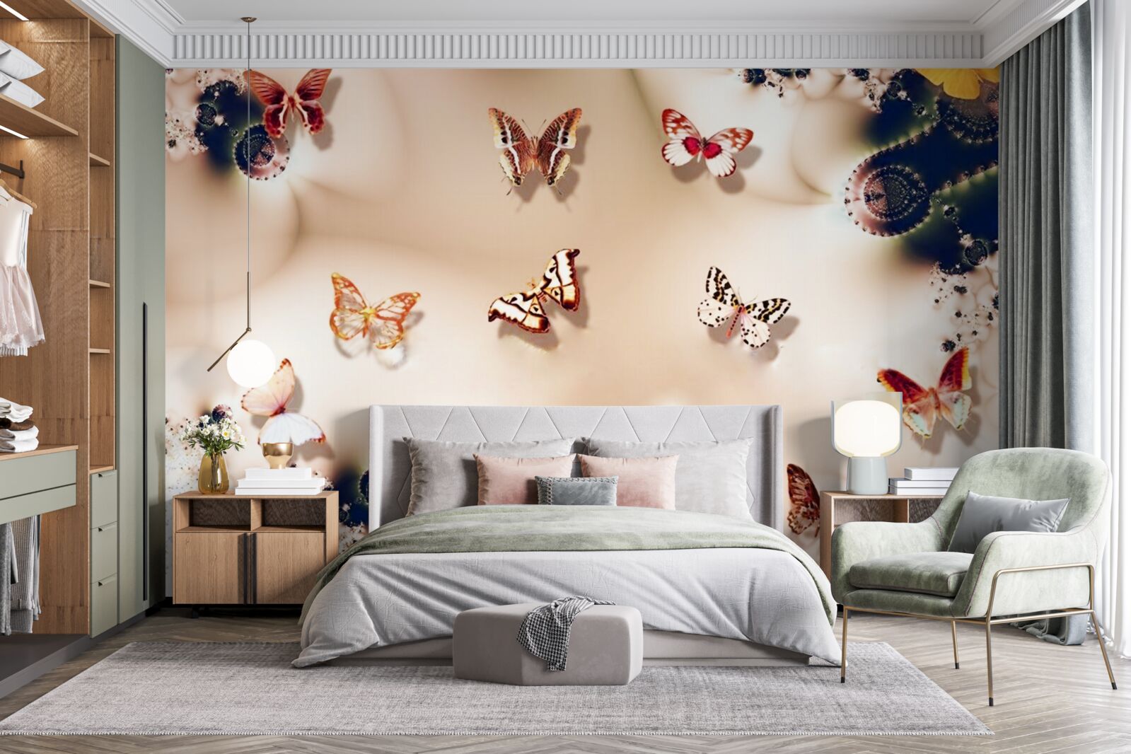 Fototapeta motýle rôznych farieb na ružovom hodvábe