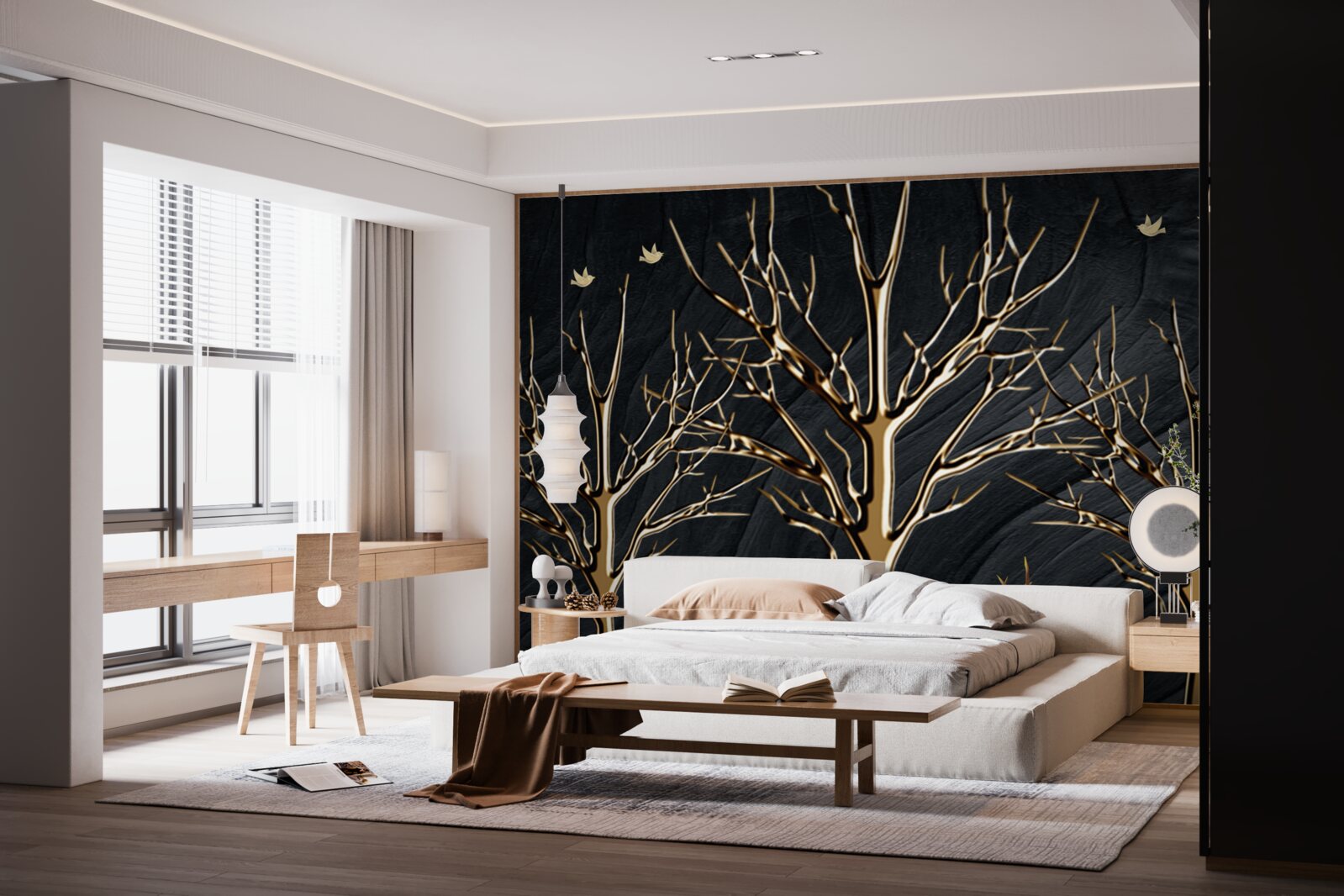 Fototapeta v noci sa medzi stromami prechádza jeleň