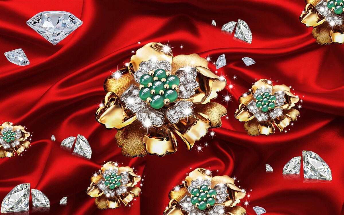 Fototapeta kvety vyrobené zo zlata a zdobené diamantmi sú umiestnené na červenom hodvábe