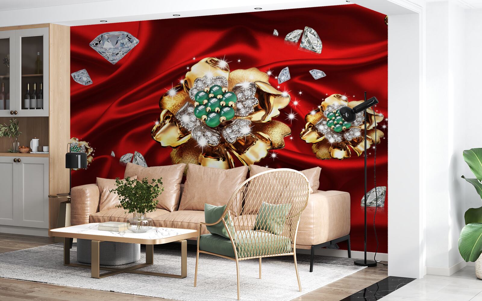 Fototapeta kvety vyrobené zo zlata a zdobené diamantmi sú umiestnené na červenom hodvábe