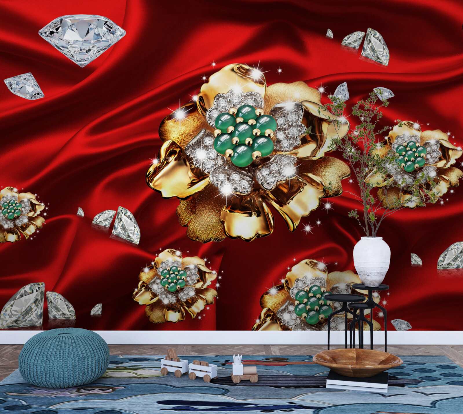 Fototapeta kvety vyrobené zo zlata a zdobené diamantmi sú umiestnené na červenom hodvábe
