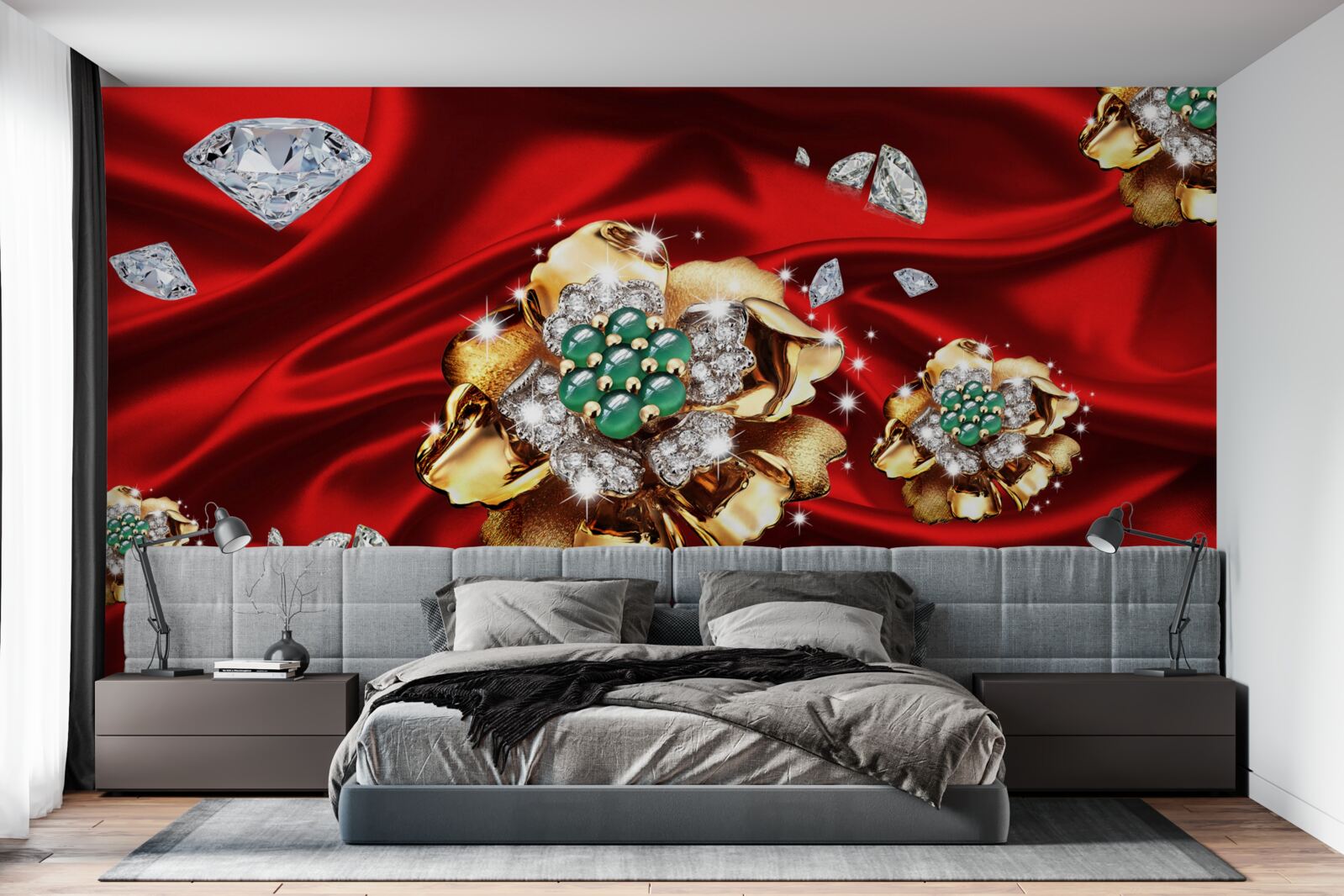 Fototapeta kvety vyrobené zo zlata a zdobené diamantmi sú umiestnené na červenom hodvábe