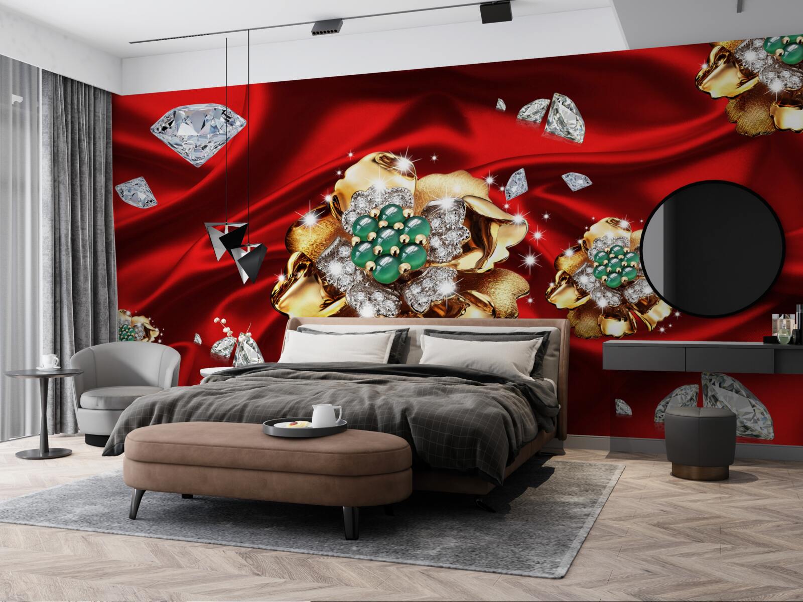 Fototapeta kvety vyrobené zo zlata a zdobené diamantmi sú umiestnené na červenom hodvábe