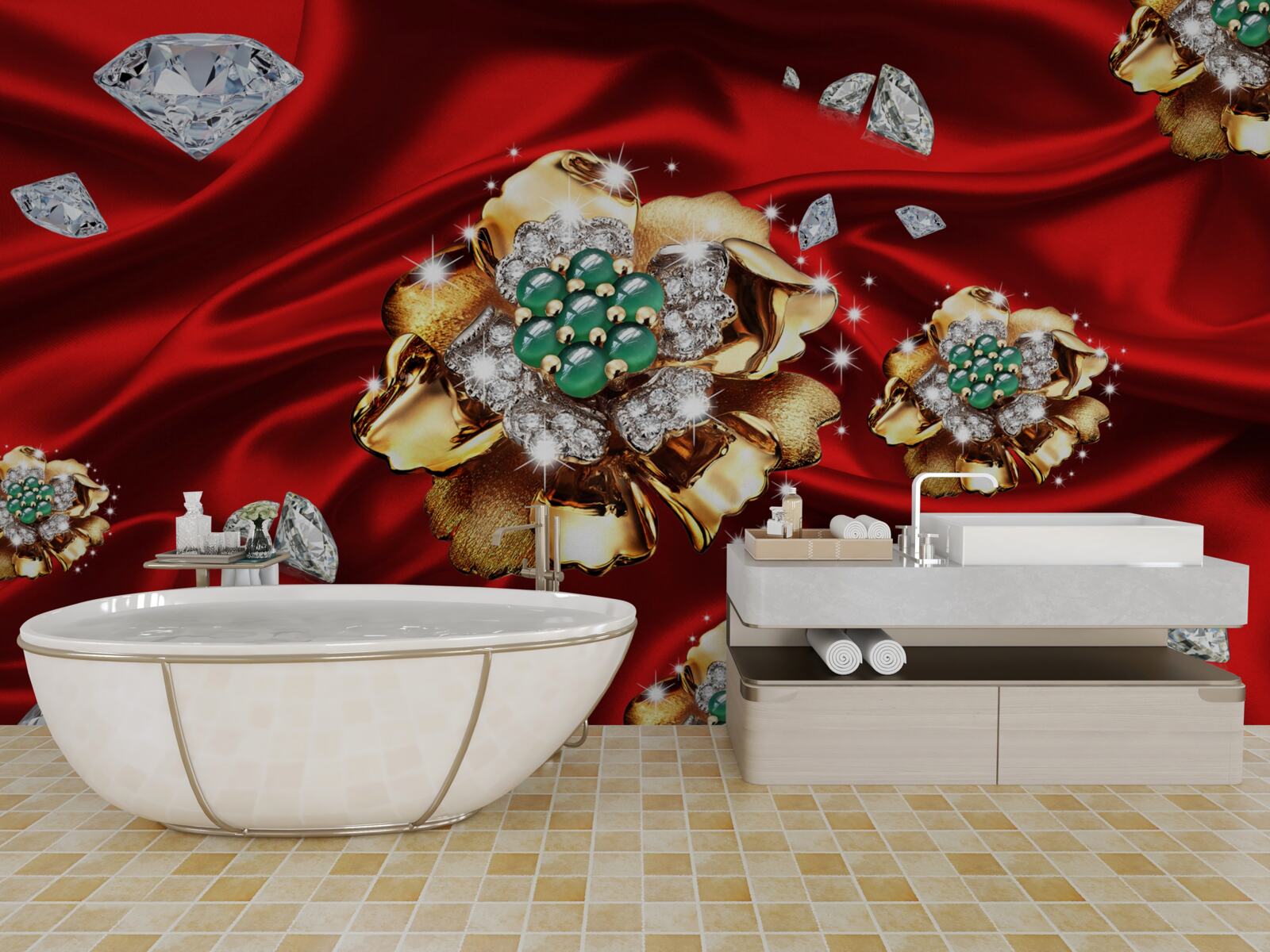 Fototapeta kvety vyrobené zo zlata a zdobené diamantmi sú umiestnené na červenom hodvábe