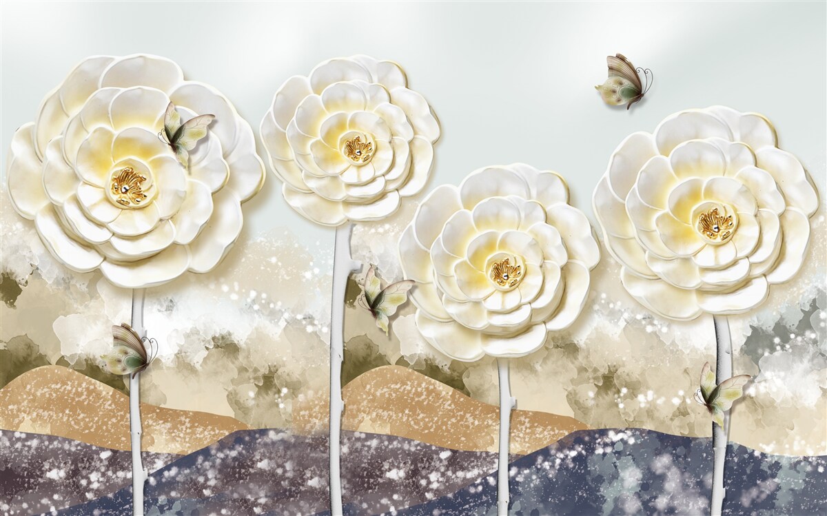 Fototapeta motýle lietajú v blízkosti obrovských krémových púčikov