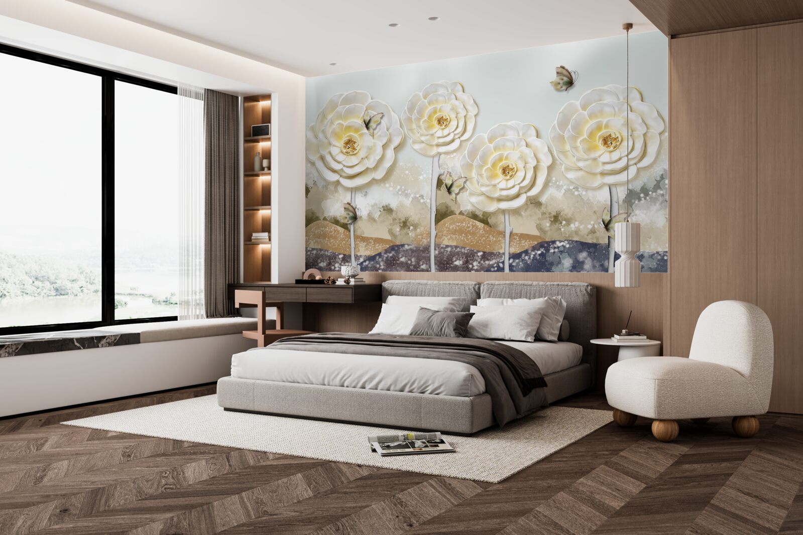 Fototapeta motýle lietajú v blízkosti obrovských krémových púčikov