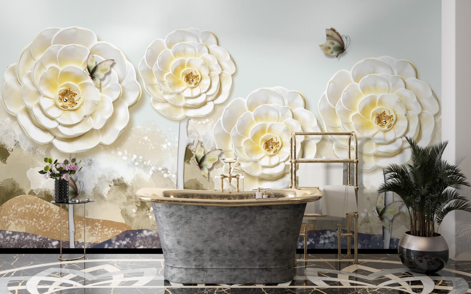 Fototapeta motýle lietajú v blízkosti obrovských krémových púčikov