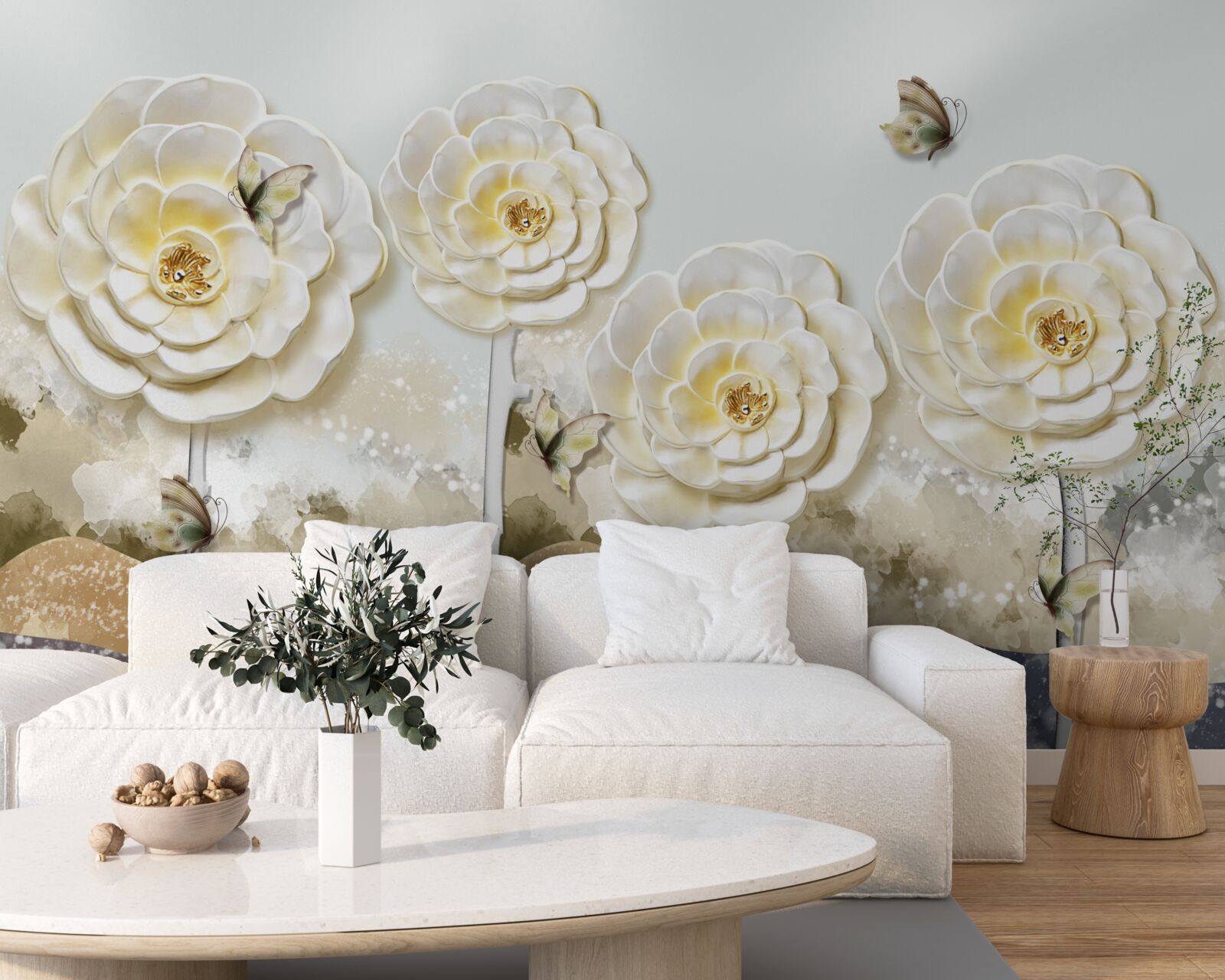 Fototapeta motýle lietajú v blízkosti obrovských krémových púčikov