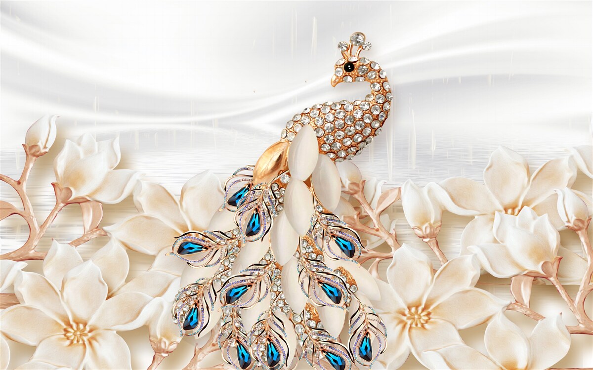 Fototapeta zlatý páv na pozadí bielych kvetov