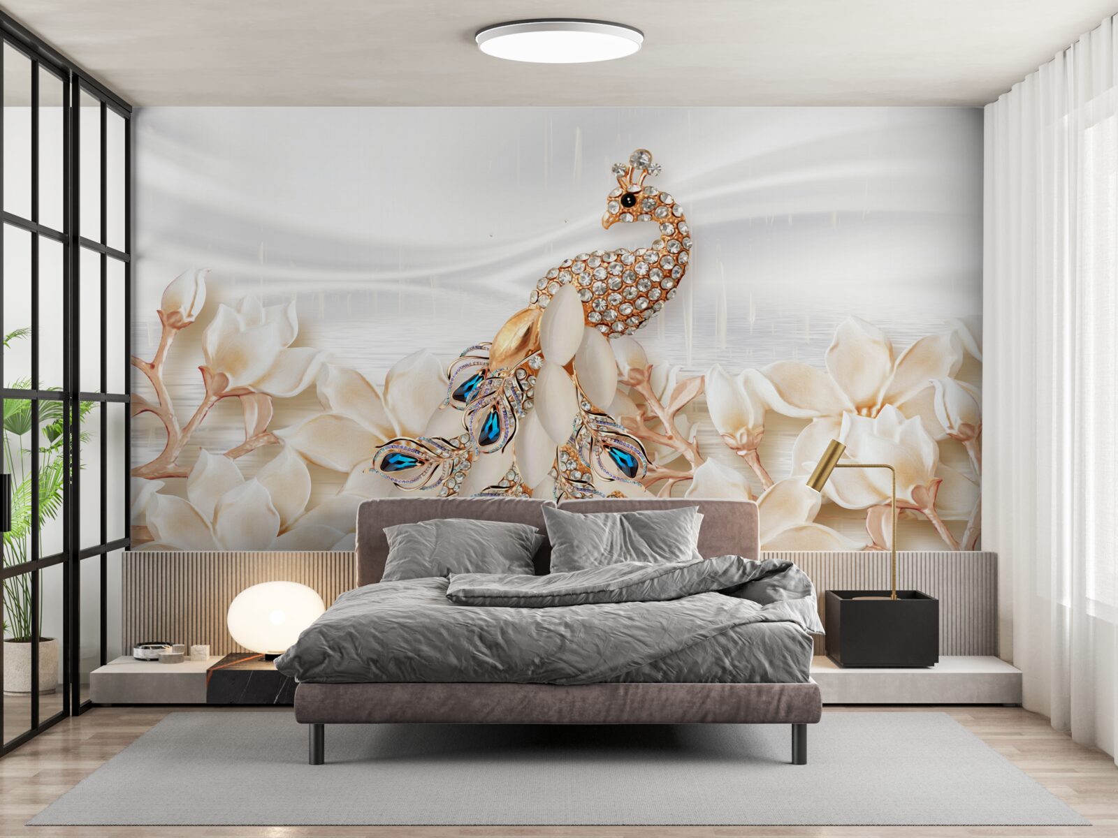 Fototapeta zlatý páv na pozadí bielych kvetov