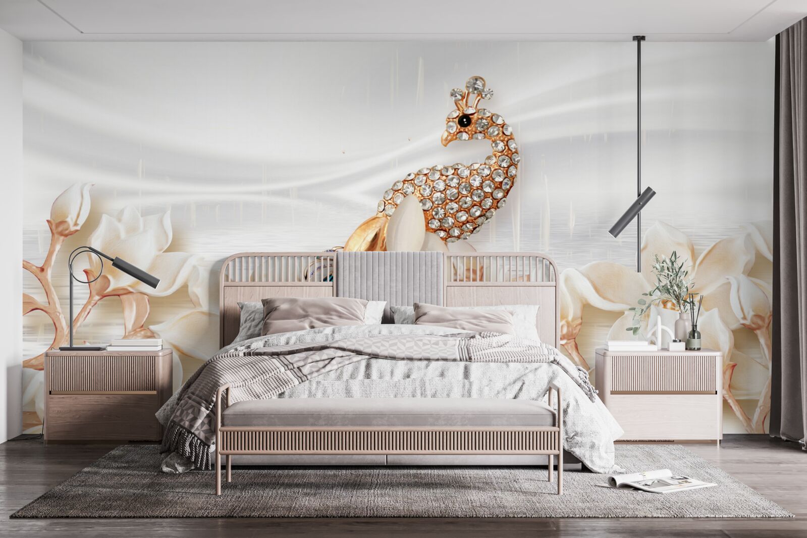 Fototapeta zlatý páv na pozadí bielych kvetov