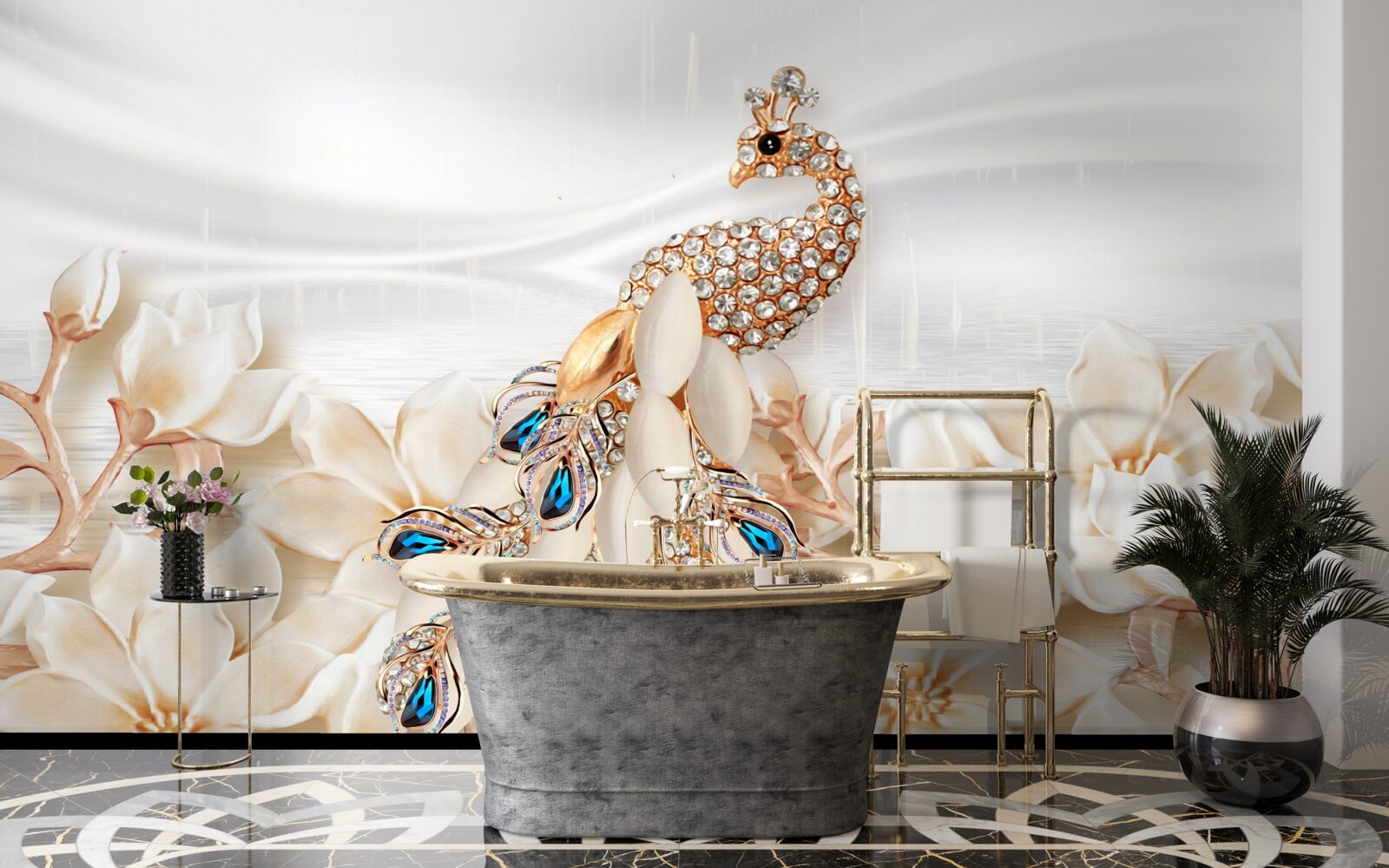 Fototapeta zlatý páv na pozadí bielych kvetov