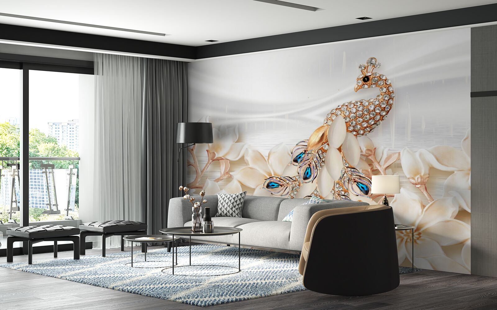 Fototapeta zlatý páv na pozadí bielych kvetov