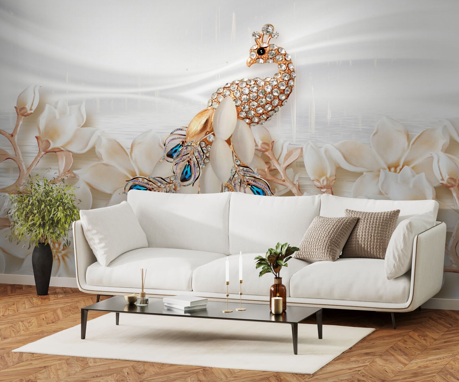 Fototapeta zlatý páv na pozadí bielych kvetov