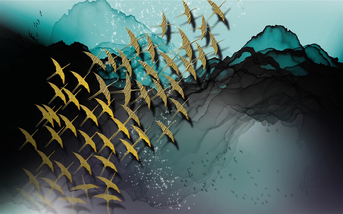 Fototapeta skupina vtákov lietajúcich za súmraku