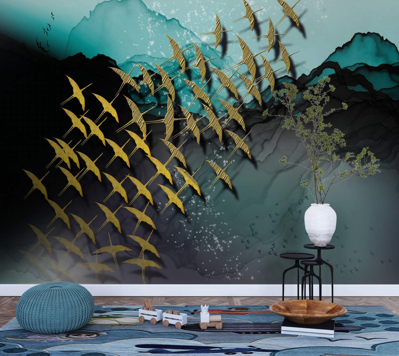 Fototapeta skupina vtákov lietajúcich za súmraku