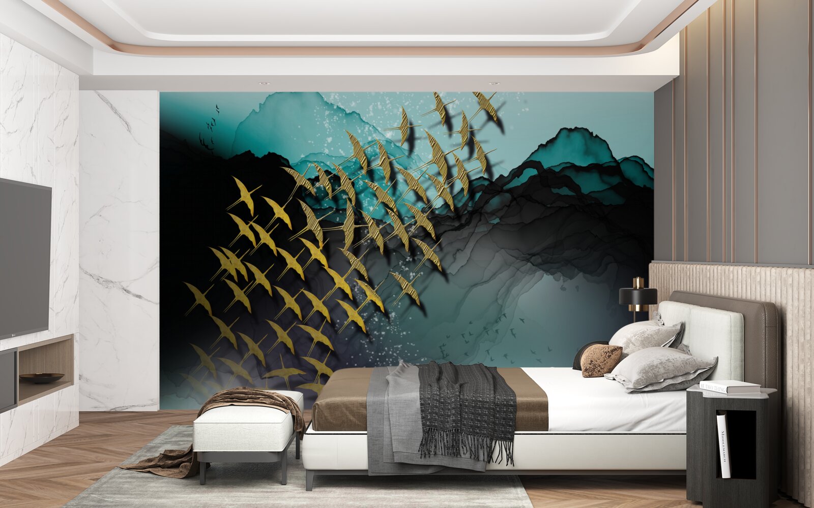 Fototapeta skupina vtákov lietajúcich za súmraku