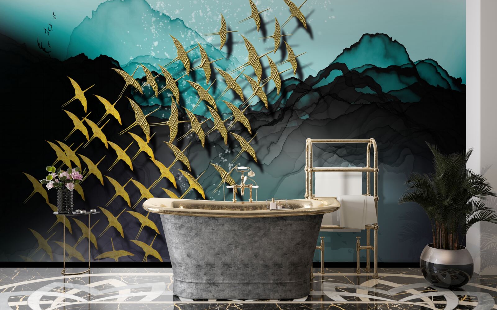 Fototapeta skupina vtákov lietajúcich za súmraku