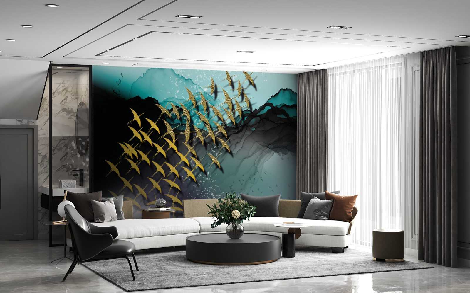 Fototapeta skupina vtákov lietajúcich za súmraku