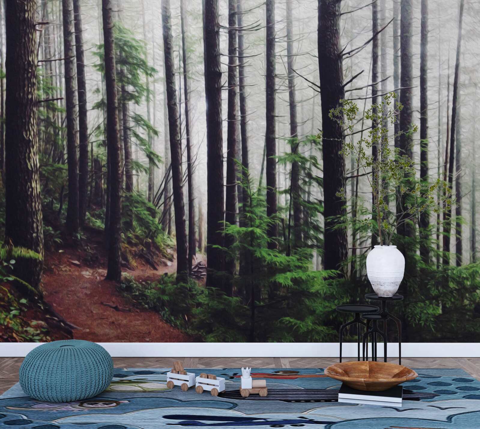 Fototapeta hmlový les je plný vysokých a štíhlych stromov