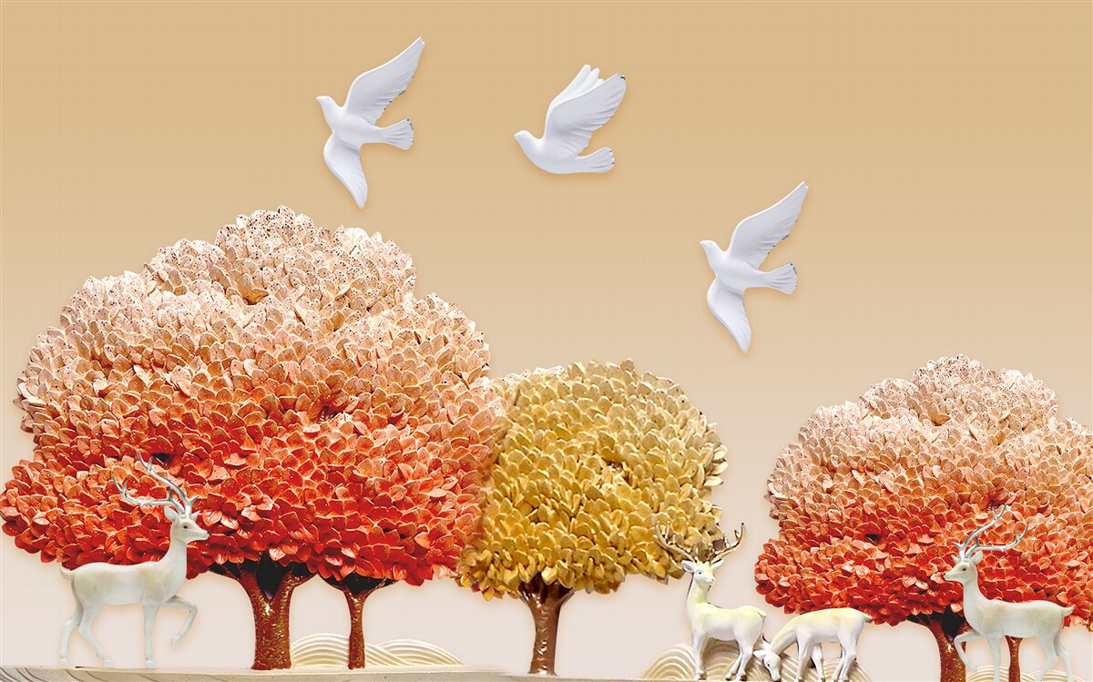 Fototapeta krásny jesenný les pod krídlami bielych holubíc