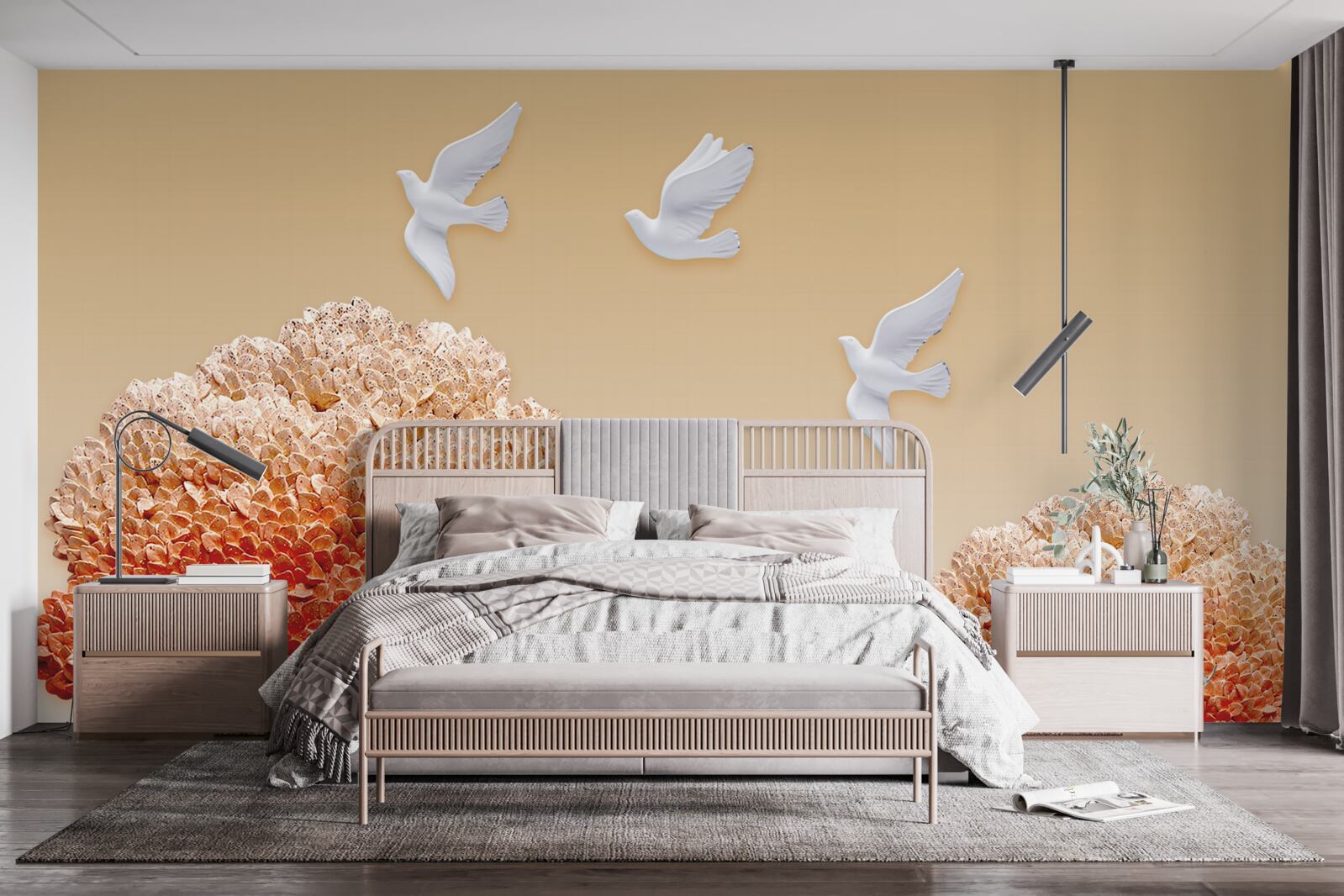 Fototapeta krásny jesenný les pod krídlami bielych holubíc