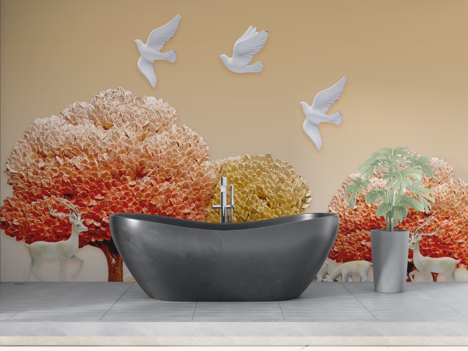 Fototapeta krásny jesenný les pod krídlami bielych holubíc