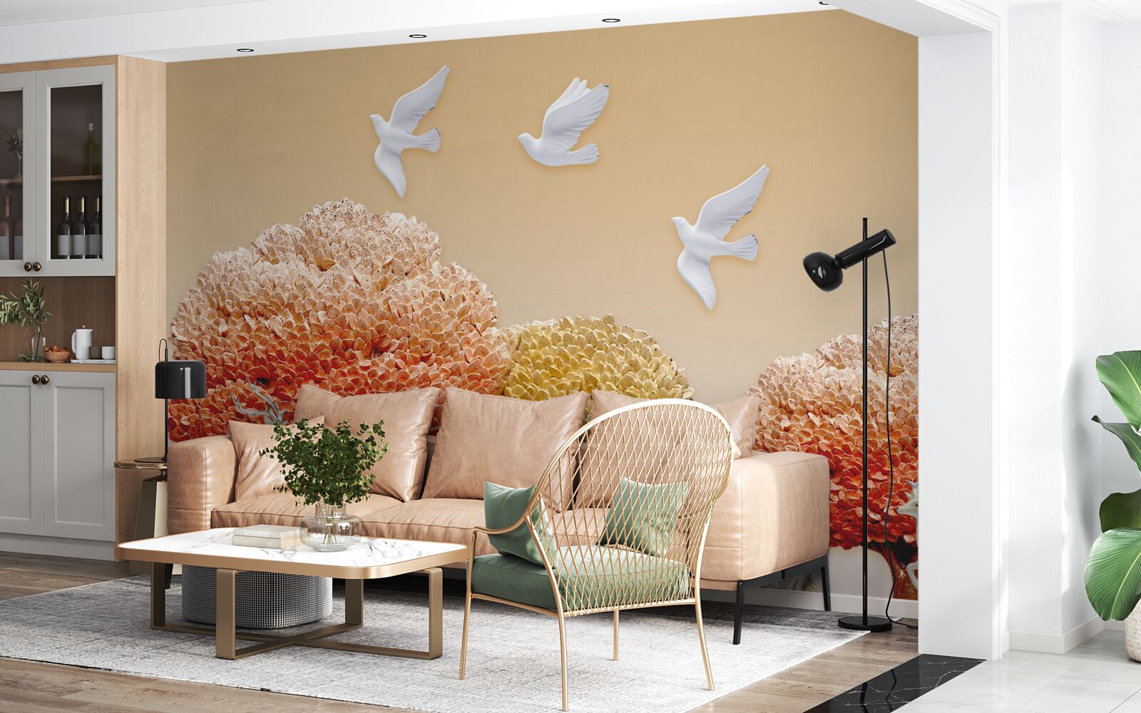 Fototapeta krásny jesenný les pod krídlami bielych holubíc