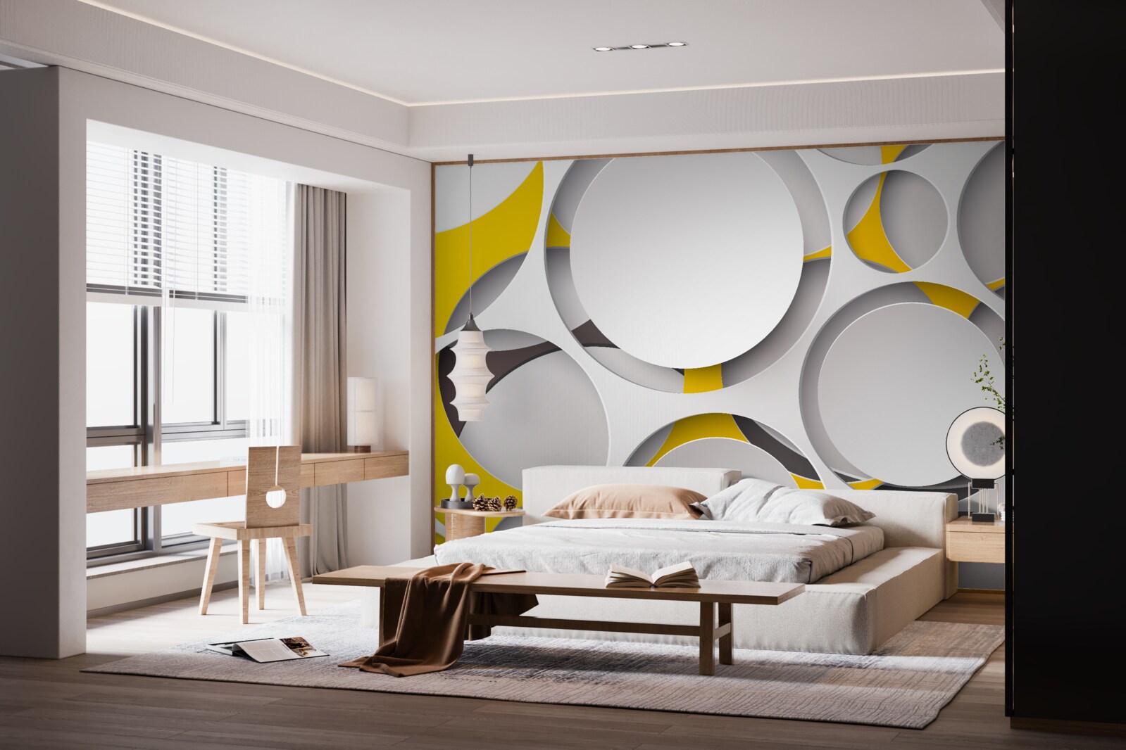 Fototapeta biele kruhové prvky vytesané do žltej sieťoviny