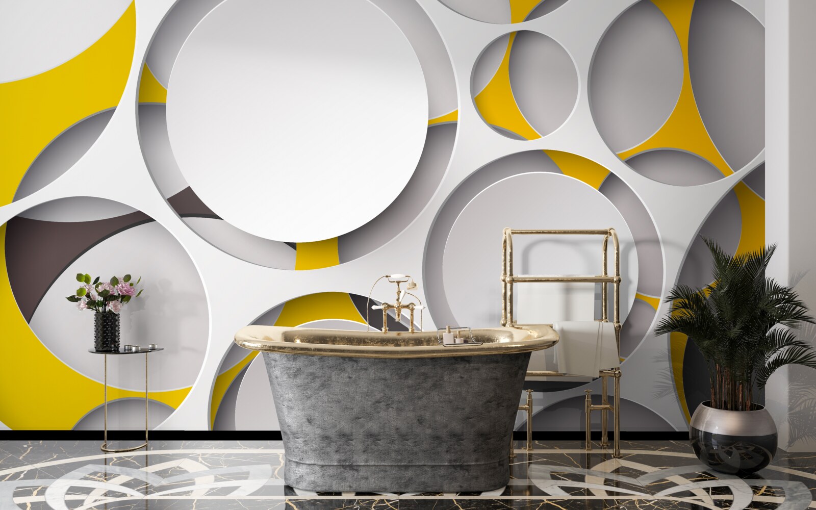 Fototapeta biele kruhové prvky vytesané do žltej sieťoviny